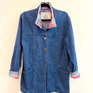 Vintage Blue Denim Jacket with Plaid Collar and cuffs